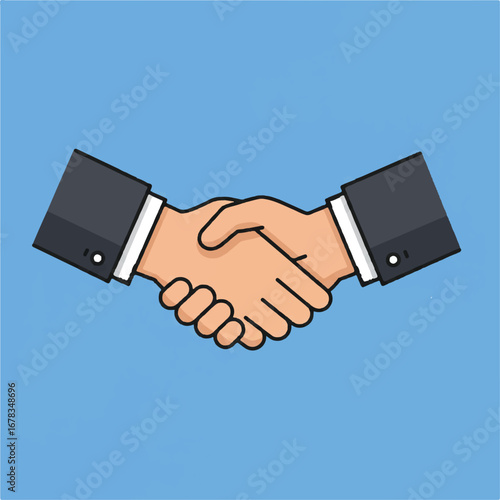 Two people shaking hands in agreement on light blue background. Suitable for business deals, partnerships, cooperation, success, and team accomplishments.