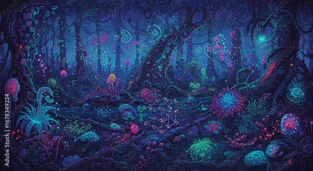 Fototapeta premium a painting of a forest filled with mushrooms and plants