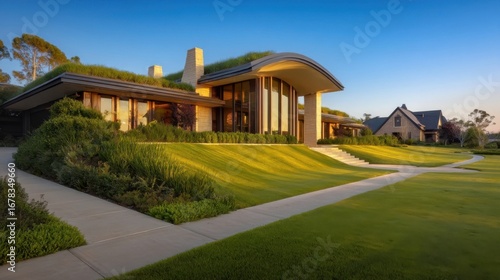 Wallpaper Mural A modern house with a green rooftop, spacious porch, large glass windows, industrial style lighting, Torontodigital.ca