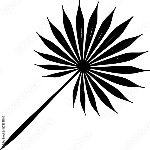 Sketchy emblem of date palm leaf. Engraving minimalistic vector in black ink drawing on transparent background