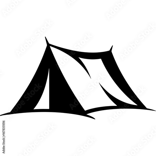 Sketchy emblem of Spacious tourist tent. Engraving minimalistic vector in black ink drawing on transparent background