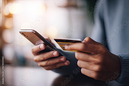 Close-up of hands holding smartphone and credit card for online payment (1)
