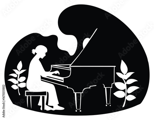 Elegant black and white illustration of a woman playing a grand piano beautifully