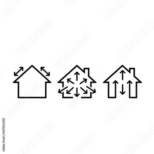 Three graphic representations of a house with arrows, depicting different concepts related to house size or value.