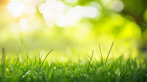 A fresh spring sunny garden background of green grass and blurred foliage bokeh.