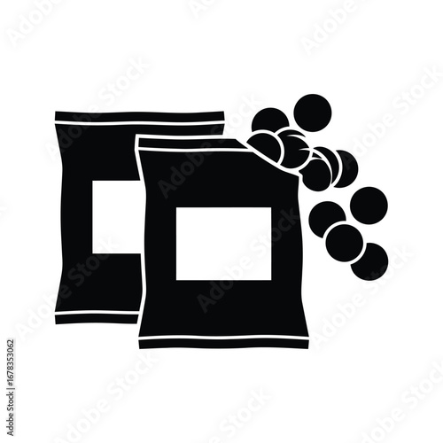 Two black snack bags, one open and spilling round candies or pellets, with white label areas, depicted as a simple icon.