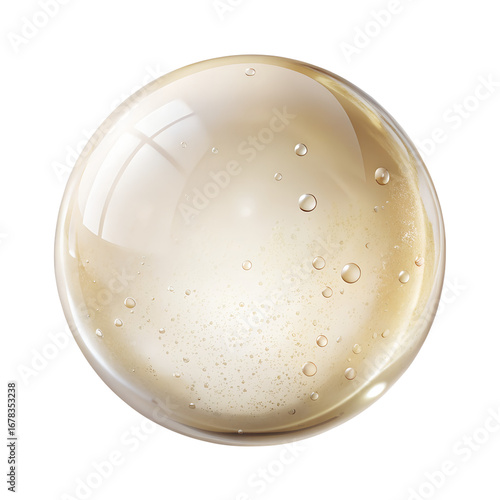 A single, clear, golden liquid droplet with tiny air bubbles suspended inside, isolated on transparent background, representing purity and luxury in cosmetic or scientific contexts