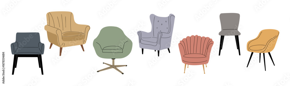 Fototapeta premium Set of flat vector illustrations of mid-century modern armchairs in various styles and colors. Retro furniture design collection, isolated on transparent backgrobnd for interior design projects