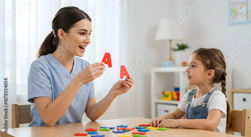 Happy child learning alphabet with teacher early childhood education preschool development literacy learning letters abc classroom lesson tutor kid girl woman