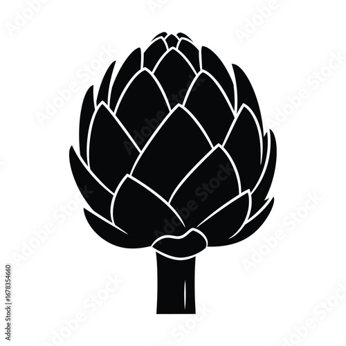 A simple black silhouette icon of a whole artichoke vegetable on a white background.