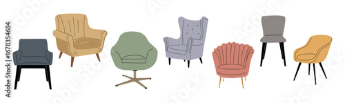 Set of flat vector illustrations of mid-century modern armchairs in various styles and colors. Retro furniture design collection, isolated on transparent backgrobnd for interior design projects