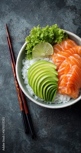 Bowl of rice, salmon, avocado, and greens
