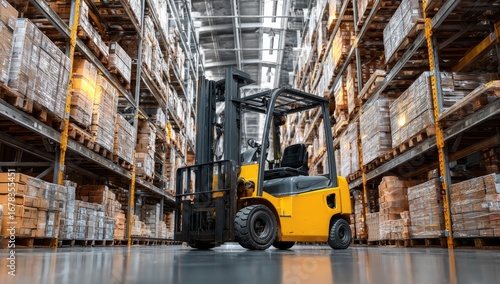 Yellow forklift in a large warehouse filled with goods on high shelves