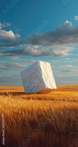 Large white cube in golden field under a blue sky