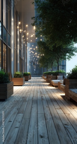 Modern urban patio with wooden decking, greenery, and hanging lights
