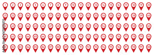 Vector illustration of 100 red location pin icons with numbers from 1 to 100. Numbered location pin icon set. Map marker symbol set with 1 to 100 numbers. Flat style.