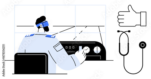 Pilot operating cockpit control panel with headset thumbs-up gesture and stethoscope conveying safety, healthcare, and approval. Ideal for aviation, safety, healthcare, teamwork, decision-making