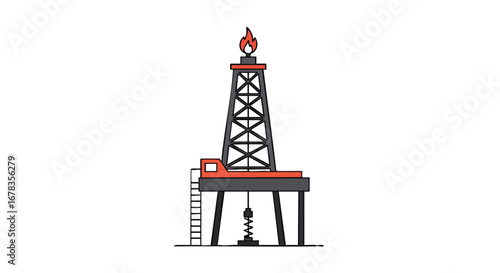 Stylized oil rig icon with visible flame symbolizing energy production and industrial drilling activities isolated on white background