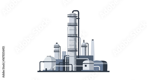 Conceptual oil refinery plant design, industrial process illustration for energy sector production, graphic resources for commercial or educational