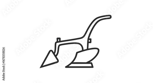 Stylized depiction of vintage plow for farm illustration, symbolic outline of farming tool equipment and agricultural heritage concept