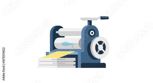 Stylized illustration of a manual pasta maker machine in blue color with flat design for commercial culinary use background or related graphic