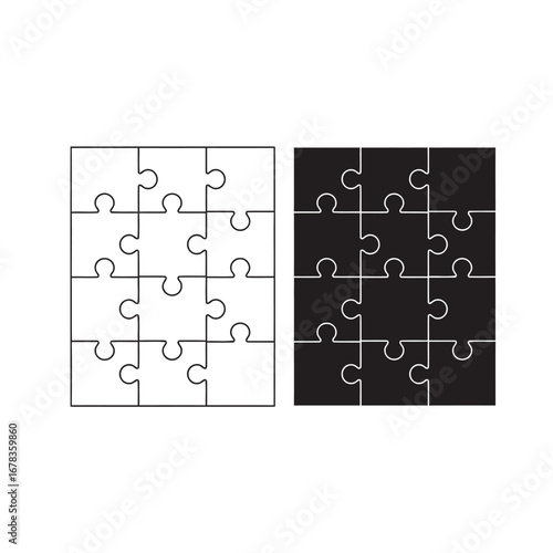 Two square puzzles, one white and one black, each with sixteen pieces.