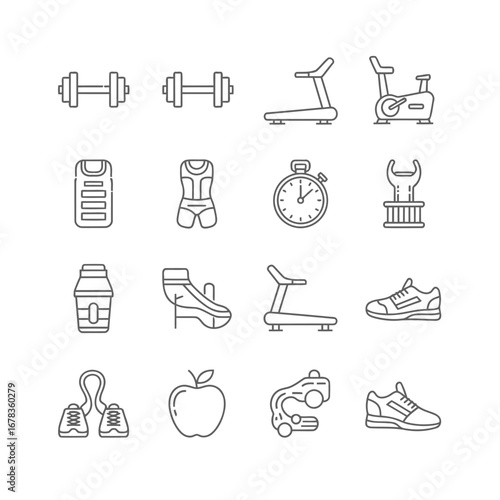 A collection of line art icons representing various fitness and exercise equipment, including treadmills, dumbbells, exercise bikes, and athletic shoes.