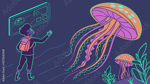 A person interacts with a digital interface while a large colorful jellyfish floats nearby in a surreal underwater scene
