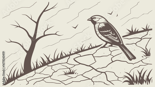 A lone bird perches on cracked earth beside a barren tree under a stylized sky with flying birds
