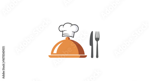 Culinary excellence emblem: A chef's hat atop a covered dish with silverware, representing fine dining and gourmet cuisine experiences