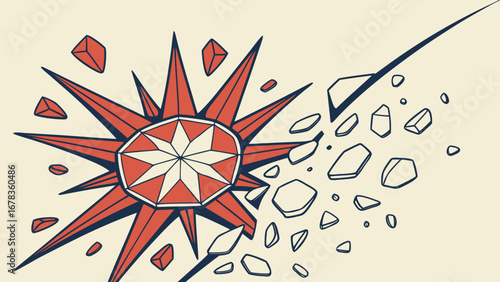 Abstract geometric starburst with scattered shards and crystalline fragments on a cream background