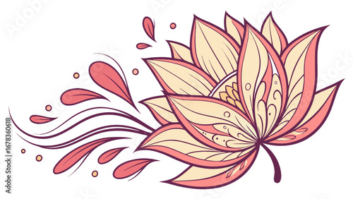Decorative floral design with swirling petals and delicate leaves in soft peach and yellow hues