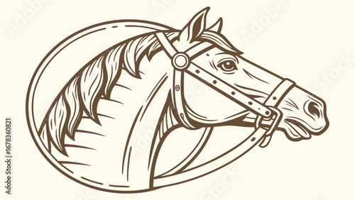 Elegant horse head profile illustration with a simple bridle and flowing mane in a circular frame