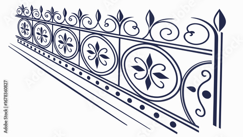 Elegant dark blue wrought iron fence with ornate floral scrollwork and oval decorative elements