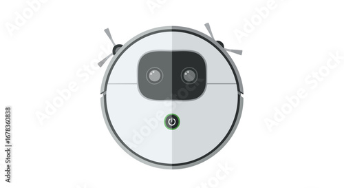 Automated home cleanliness: A detailed digital illustration of a round robotic vacuum cleaner on a white backdrop demonstrating technological