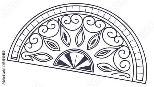 Elegant dark blue semicircular wrought iron fan ornament with swirling floral motifs and geometric patterns