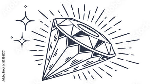 Hand drawn sparkling diamond gemstone with radiating light rays and starbursts on a white background
