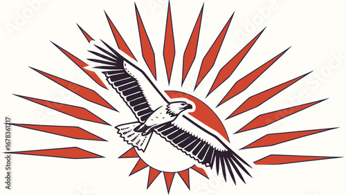 Majestic eagle soars through stylized sunburst emblem with bold red and blue accents