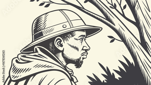 Man wearing a safari hat and hoodie looks thoughtfully into the distance surrounded by trees