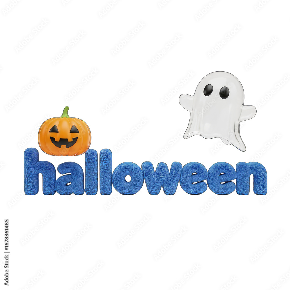 Obraz premium Halloween Pumpkin, White Ghost, Furry Blue Halloween Text, Transparent