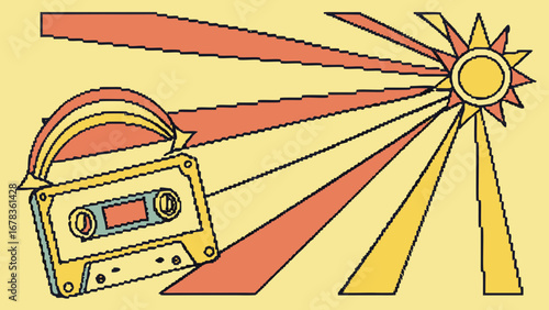Retro cassette tape with rainbow and sunburst rays in a vibrant 70s inspired color palette