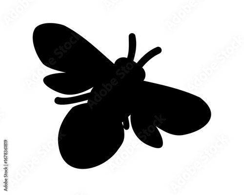 Silhouette of a Cartoonish Black Bee with Rounded Wings and Antennae