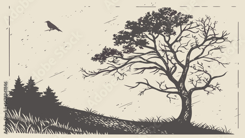 Silhouette of a solitary bird perched on a branch of a large gnarled tree in a serene landscape