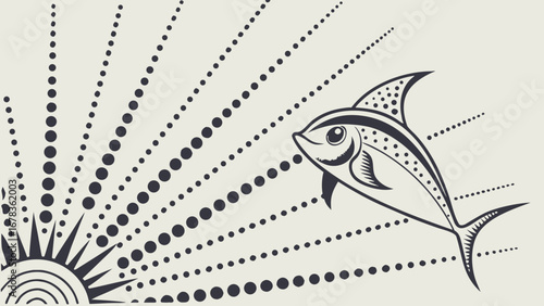 Stylized fish swims towards a radiating sunburst pattern made of dark dots on a light background