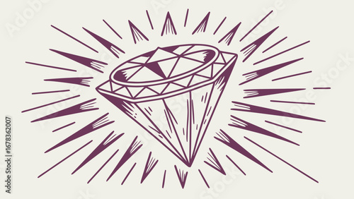 Stylized hand drawn purple diamond with radiating lines symbolizing brilliance and value on a cream background