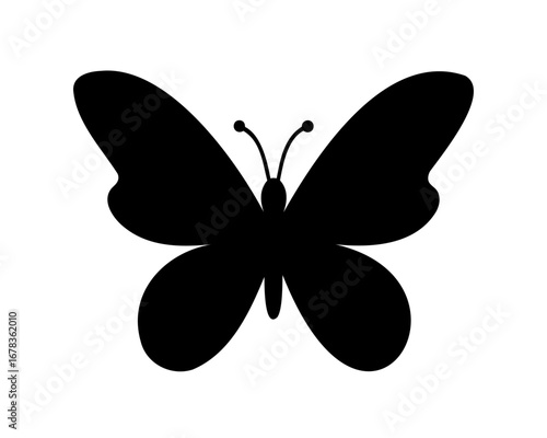 Minimalist black silhouette of a butterfly with rounded wings and antennae