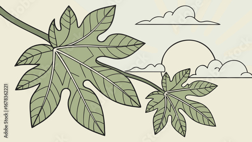 Stylized illustration of large green papaya leaves against a soft cream background with stylized clouds and sun rays
