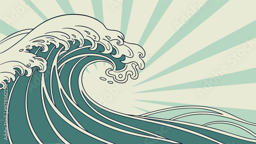 Stylized japanese wave art with radiating sun rays in a calming teal and cream color palette