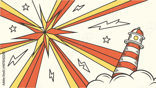 Stylized lighthouse with red and white stripes stands tall amidst a burst of comic book style rays and lightning bolts