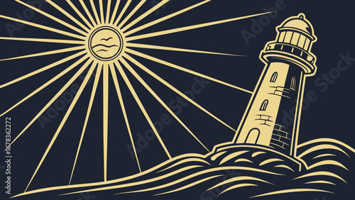 Stylized lighthouse standing tall on rocky outcrop amidst waves under a radiant sunburst